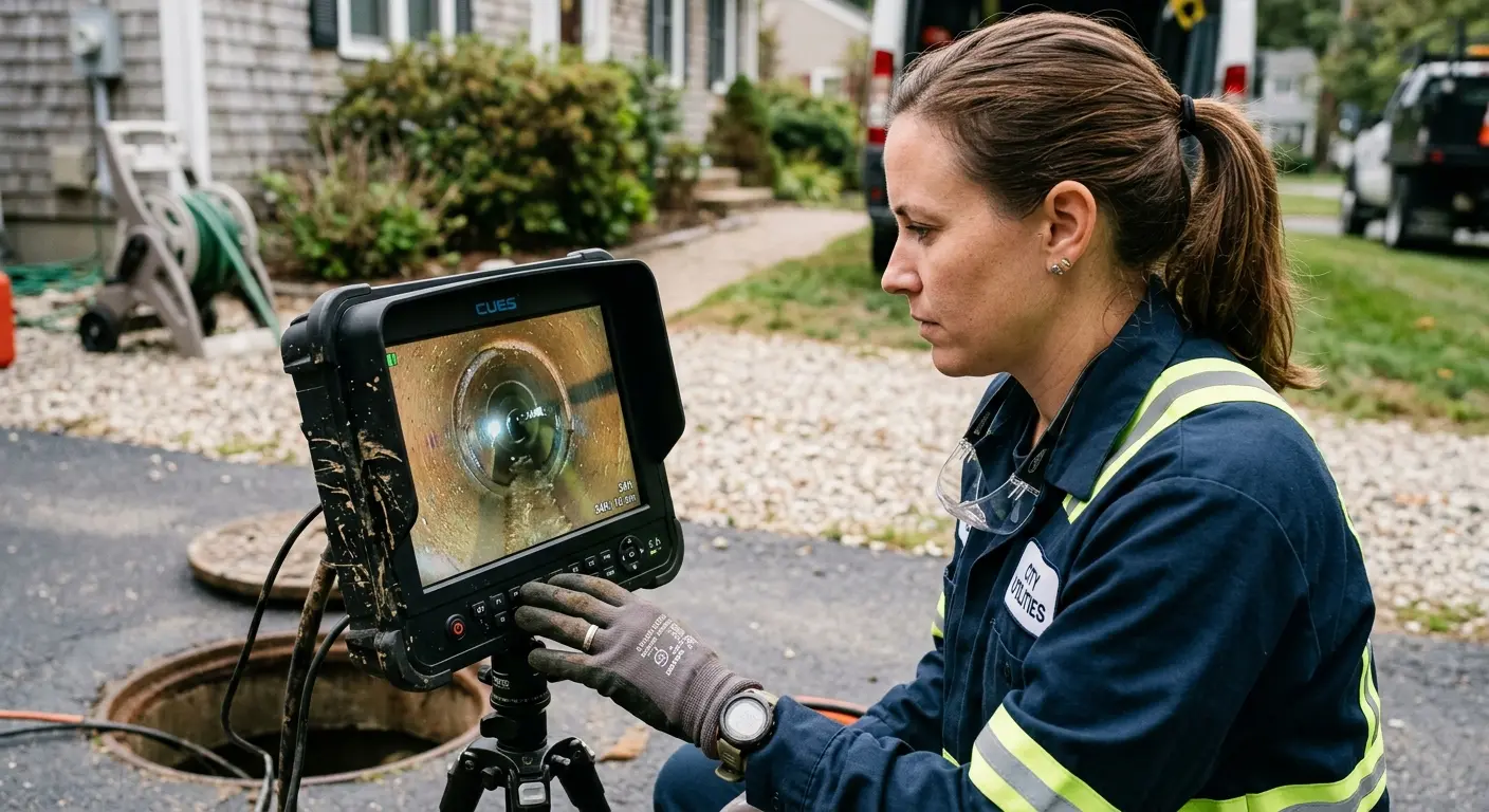 Technician reviewing sewer camera inspection footage in Macon