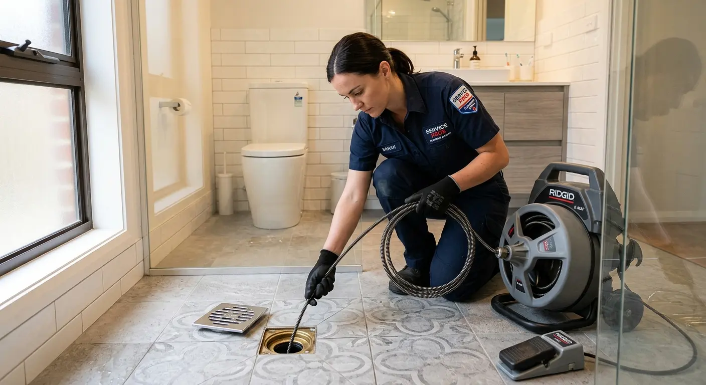Technician clearing a bathroom floor drain for Sewer Line Installation in Macon